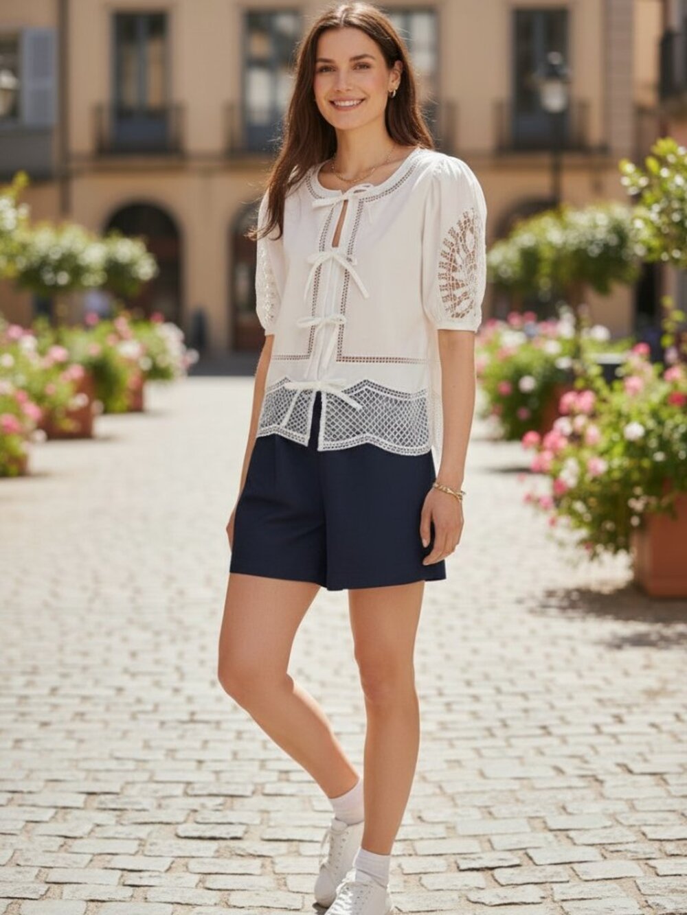 NEW Vineyard Vines White Crochet-Trim Tie Front Blouse, Medium